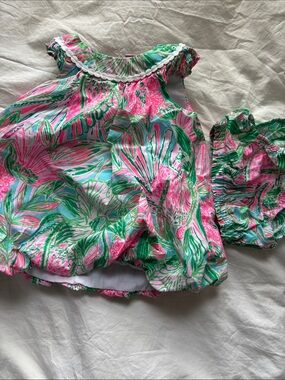 Lilly Pulitzer Tropical Print Bubble Dress with Bloomer Set - Pink & Green